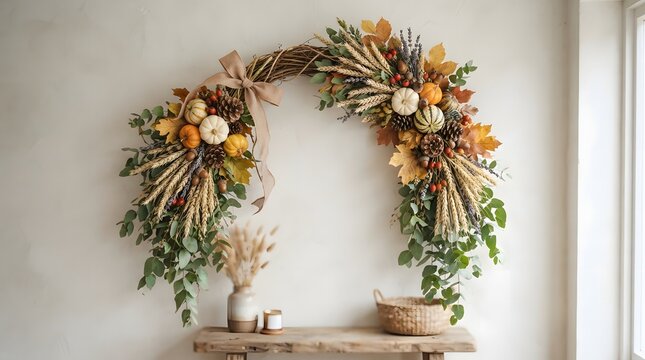 Rustic autumn wreath with pumpkins and wheat stalks hanging on white wall backdrop.