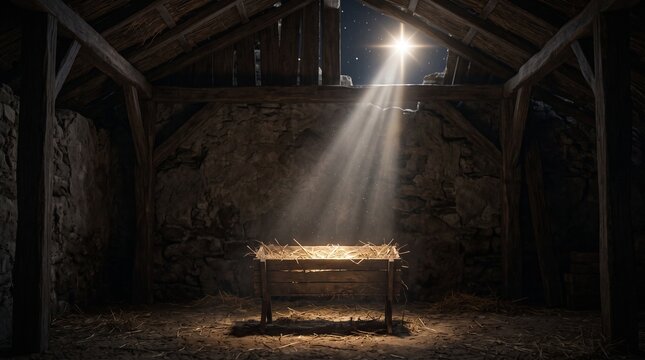 Bethlehem star, bright star shining down through a beam of light onto a simple wooden nativity manger filled with hay