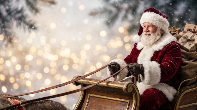 Charming traditional Santa Claus guiding a sleigh with gifts amid a dreamy bokeh Christmas light background