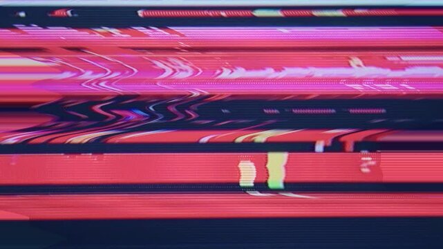Abstract analog glitch background showing colorful wavy CRT scan lines, signal interference, and screen distortion.