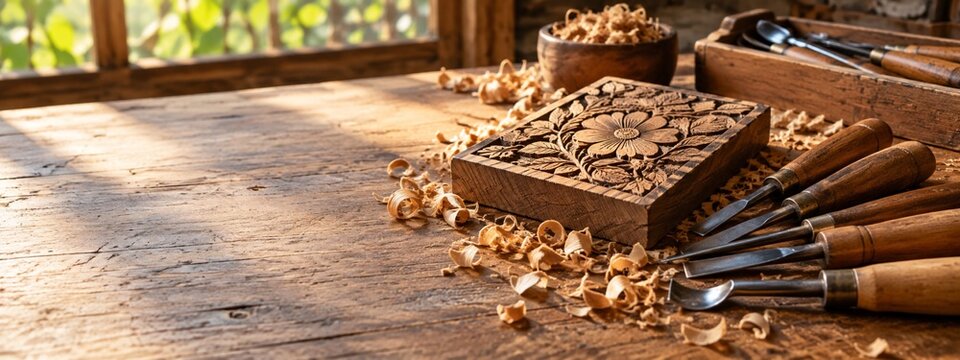Traditional woodblock carving tools on a workbench