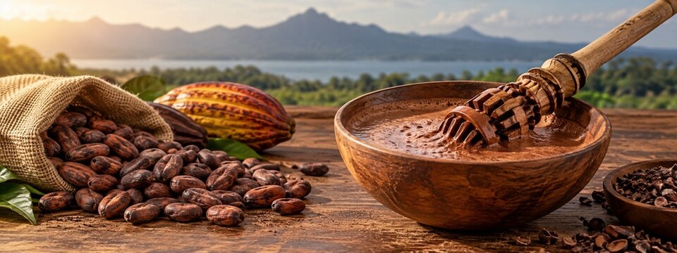 Cacao beans and a traditional wooden chocolate whisk