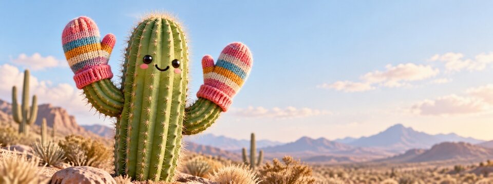 A cactus wearing soft colorful wool mittens