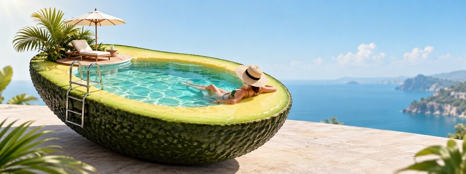 A miniature swimming pool inside a giant avocado