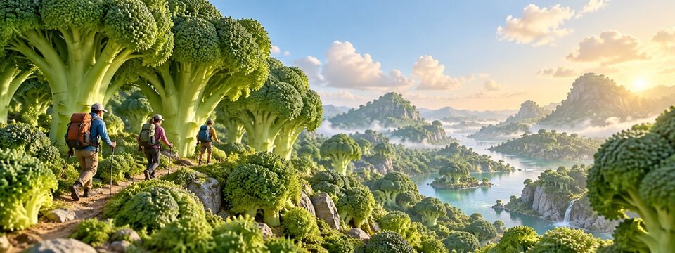 Miniature hikers exploring a forest made of broccoli