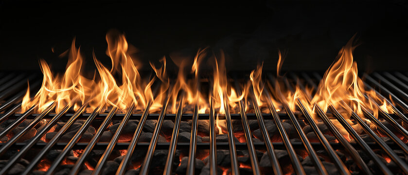 Barbecue Grill Flames: Intense, vibrant flames dance across the grates of a well-seasoned barbecue grill, igniting anticipation for a delicious outdoor cookout.