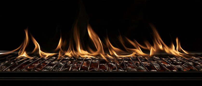 Grill Fire: A close-up shot captures the intense heat and vibrant flames dancing over a dark barbecue grill, promising a delicious outdoor cooking experience.