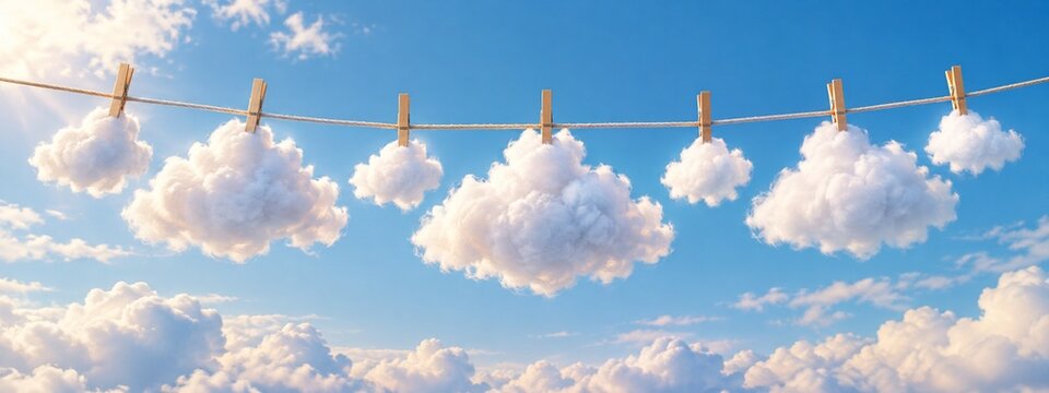 Fluffy clouds hanging on a clothesline in a blue sky