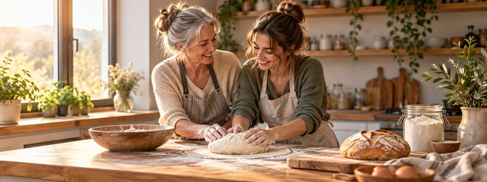 A parent and adult daughter baking bread at home