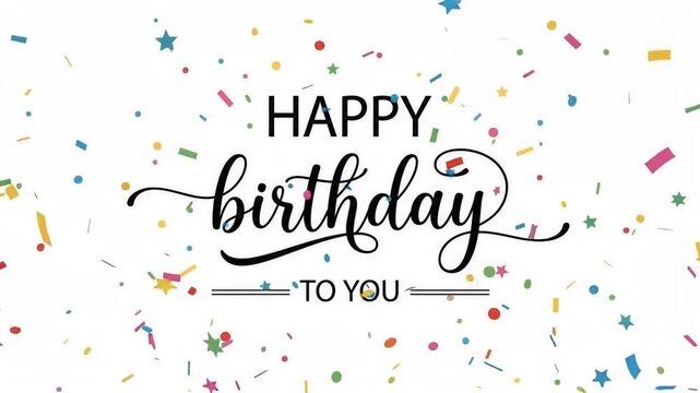 Happy Birthday text animation with falling colorful confetti on white
