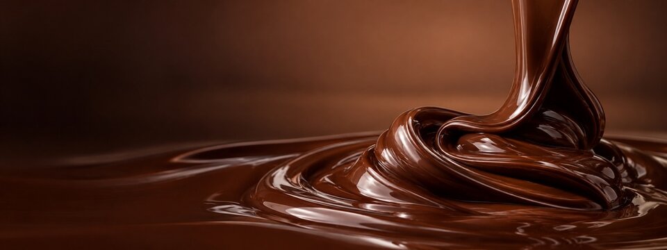 Glossy dark chocolate folding into smooth ribbons