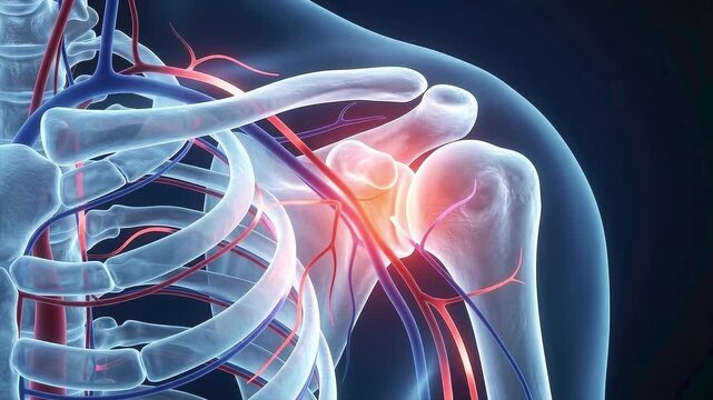 3D medical visualization of human shoulder anatomy, highlighting bones, vascular system, and areas of pain or inflammation.
