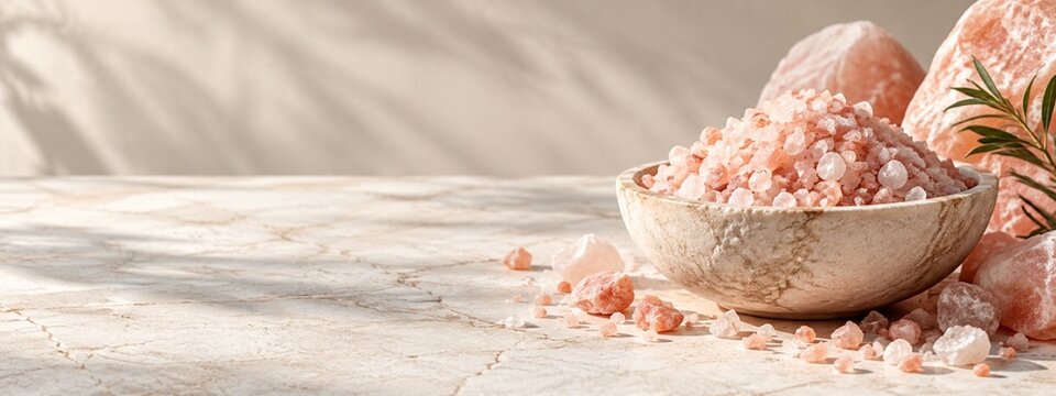 Pink mineral salt crystals on pale stone