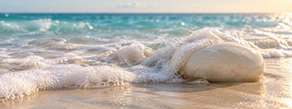 Seafoam washing over a smooth ivory pebble on a sunny beach