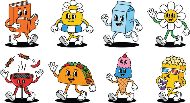 Retro Cartoon Mascot Character Set with Vintage Rubber Hose Style Book Food Items Flower and Grill Vectors for Trendy Designs