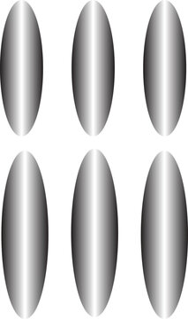 Abstract collection of six vertical elongated oval shapes featuring smooth metallic silver gradient. Ideal for use as blank UI buttons, 3D capsule design elements, icons, or modern graphic web templat
