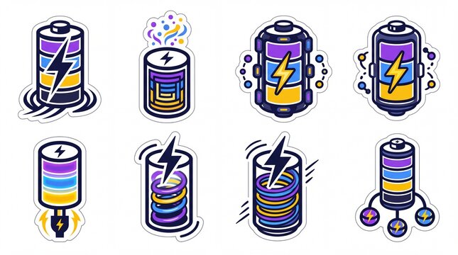 Creative battery icons with lightning and dynamic effects in purple blue and yellow.