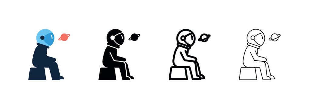 Astronaut sitting and observing distant planet icon set for space exploration and astronomy concepts