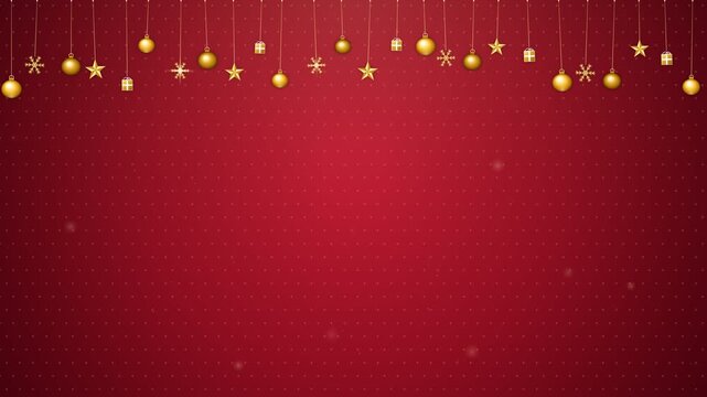 Christmas Hanging Golden Ornaments and Baubles Swaying on Red Background Holiday Motion Loop 4K