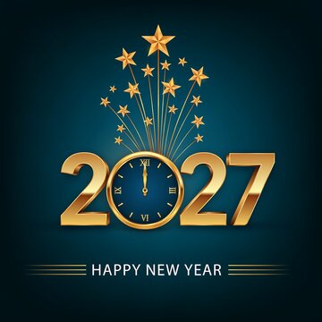 Golden 2027 text with stars and clock face marking midnight, symbolizing new year's eve celebration and prosperous beginnings with elegant design against dark blue background.