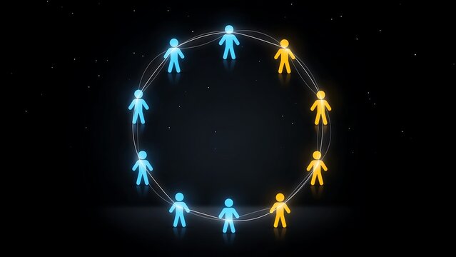 Circular social network illustration featuring connected human silhouettes glowing in blue and yellow light against dark backdrop to represent global community.