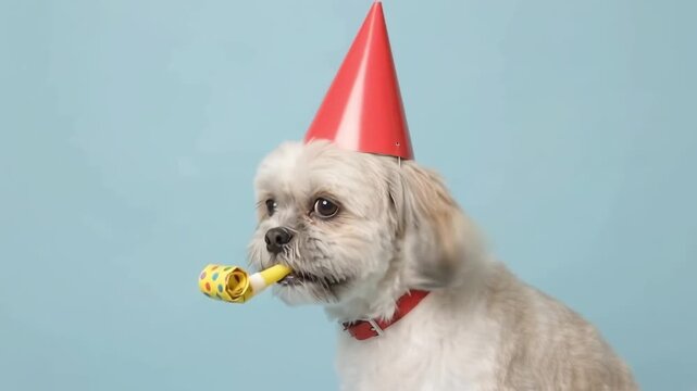 Shih Tzu dog wearing party hat and holding noisemaker on blue background