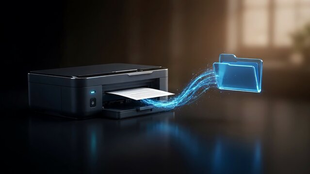 Black desktop printer with glowing blue light waves illustrates efficient document management and data transfer from digital files to physical prints.