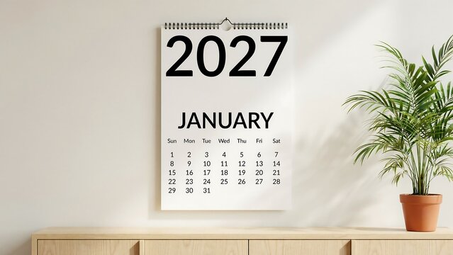 Minimalist wall calendar for January 2027 hanging above light wood cabinet with potted plant creating professional office interior setup for planning work schedules.