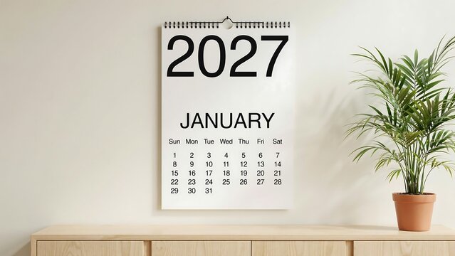 Minimalist wall calendar for January 2027 hanging above light wood cabinet with potted plant creating professional office interior setup for planning work schedules.