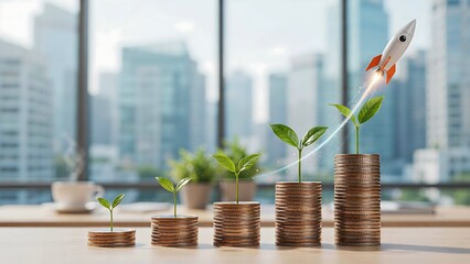 Plakat A vibrant green seedling with small leaves grows steadily from a neat stack of shining golden coins in an office setting with a bright city view.
