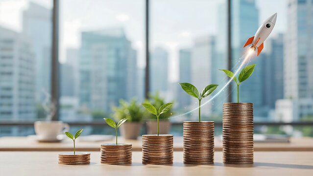 A vibrant green seedling with small leaves grows steadily from a neat stack of shining golden coins in an office setting with a bright city view.