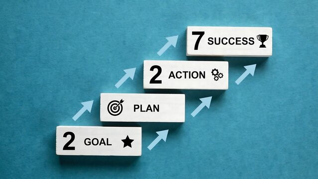 Four white wooden steps representing goal plan action success with year 2027 written and illustrated icons placed on vibrant blue background for development.