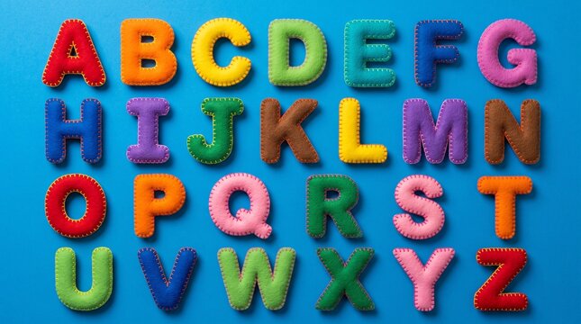 Colorful felt alphabet letters arranged on a blue background