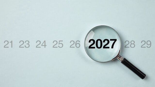 Magnifying glass over 2027 text on light blue background with surrounding yearly numbers for business forecasting financial planning and future trend analysis concepts.