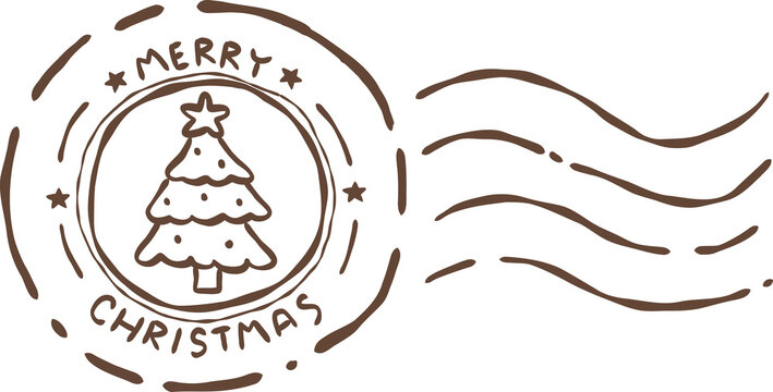 Vintage Christmas Tree Mail Postmark Cancellation Stamp Hand Drawn Illustration