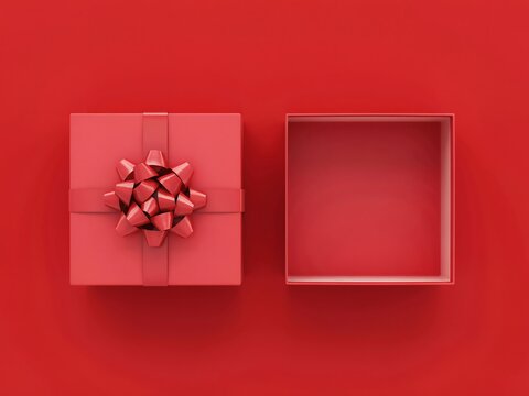 Square red gift box with a ribbon and bow sits open next to the closed lid on a matching red background, perfect for celebrations and surprises.