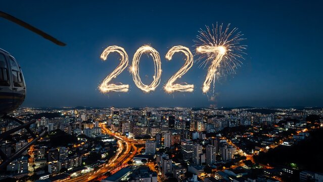 Cityscape celebrates new year 2027 with fireworks and helicopter aerial view.