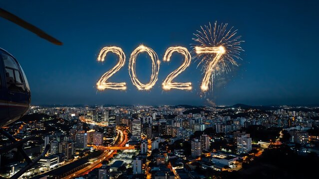Cityscape celebrates new year 2027 with fireworks and helicopter aerial view.