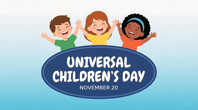 Universal children's day celebration banner with happy diverse kids waving hands, cartoon illustration for november 20th, global awareness event for children's rights and welfare