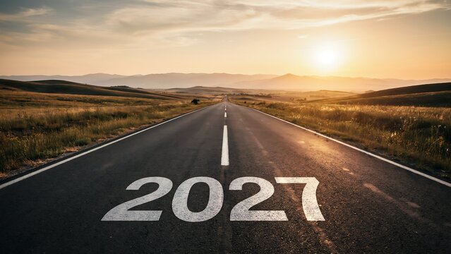 Year 2027 painted on asphalt road stretching into distance with sun setting over rolling hills landscape backdrop for future goal setting or travel planning concepts.