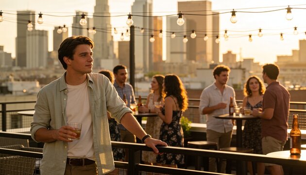 Handsome young man holding a cocktail on an urban rooftop patio at sunset while friends socialize under warm string lights with city skyline