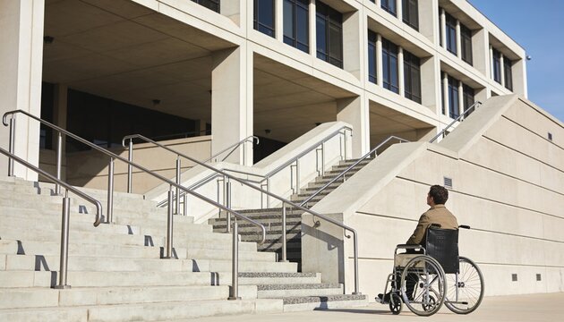 Man in wheelchair looking at long flight of concrete stairs outside modern building, facing accessibility barrier and lack of wheelchair ramp