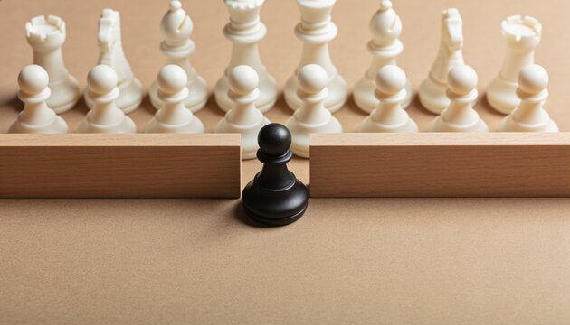Single black chess pawn standing at the gap between wooden barrier facing line of white pieces, representing business strategy, breakthrough, and challenge