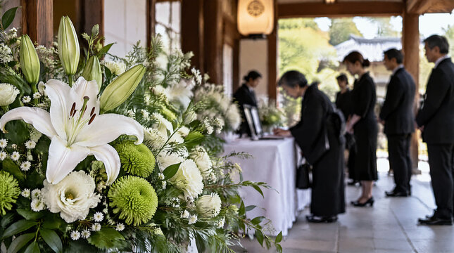 葬儀で記帳する喪服姿の参列者と供花
