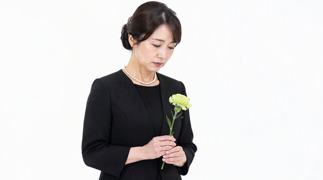 喪服を着て花を持つ悲しむ女性