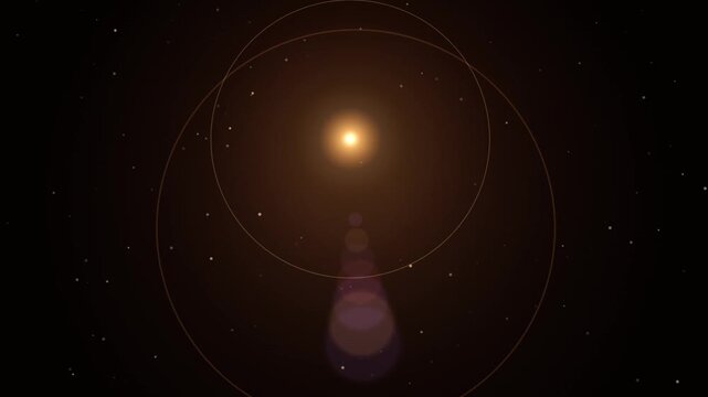 Glowing bright yellow star planet orbiting along golden planetary trajectory rings with lens flare in deep starry outer space, astronomy science motion loop