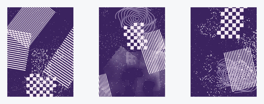 Set of three abstract posters with dark purple backgrounds, white geometric patterns, checkered squares, parallel lines, and grainy textures