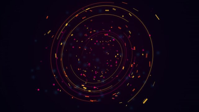 Abstract spiral vortex with glowing orange and magenta rotating ring lines and sparkling particle dashes, futuristic motion background loop