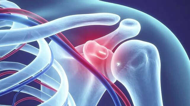 3D rendering of human shoulder joint with highlighted red area indicating pain or inflammation, surrounded by transparent bones and circulatory system vessels, on a dark background.