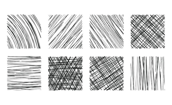 Set of eight square frames containing hand-drawn black ink scribbles, cross-hatching, and parallel line patterns on a plain white background
